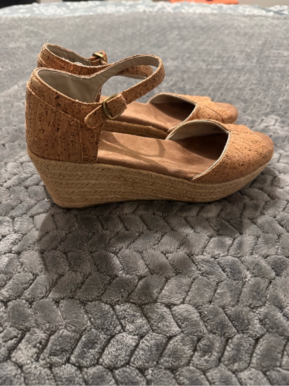 TOMS Cork Wedge Sandals in Tan with Ankle Strap - Picture 5 of 9